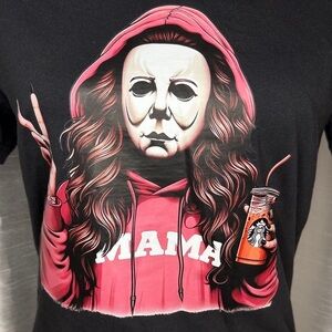 Horror Mama Graphic Tee holding Iced Coffee Black Cotton Women’s Small